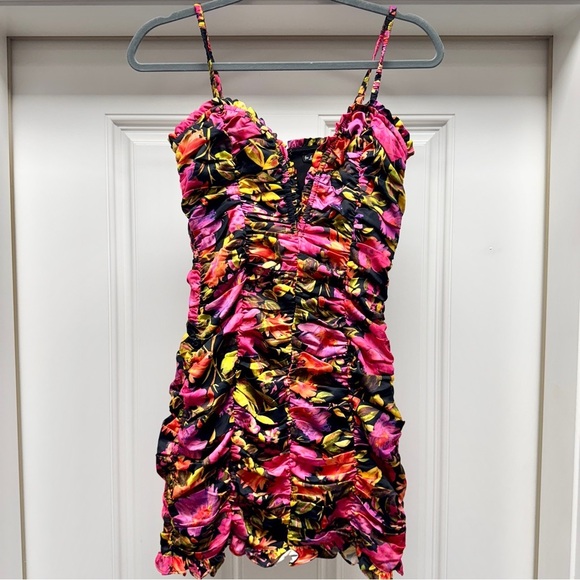 For Love And Lemons Pink, Black, Yellow Floral Cocktail Dress - Picture 7 of 16